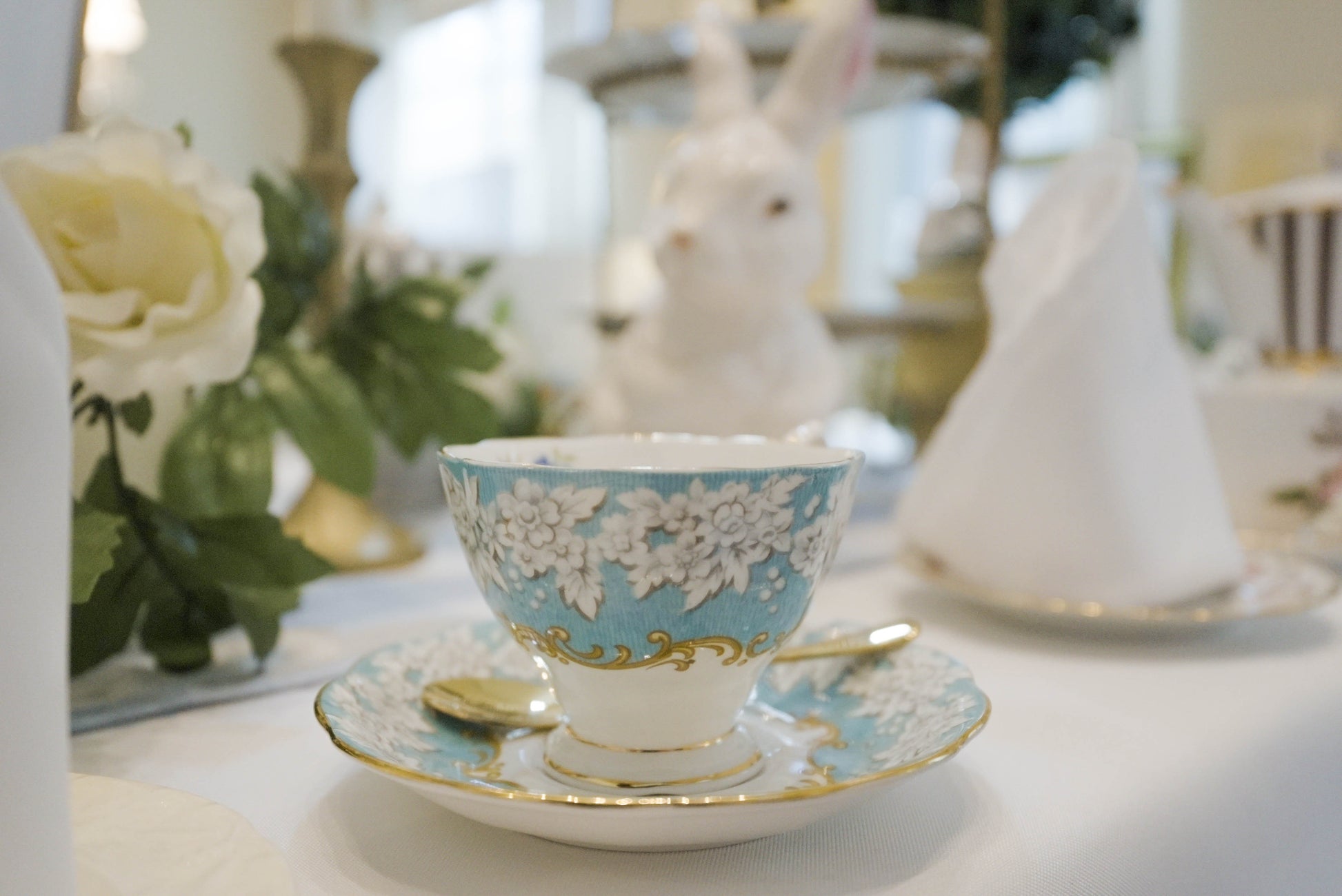 vintage mix & match china with gold tea spoons